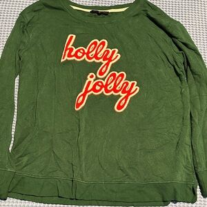 Distressed Jane and Delancey Green Sweatshirt with Red 'Holly Jolly'